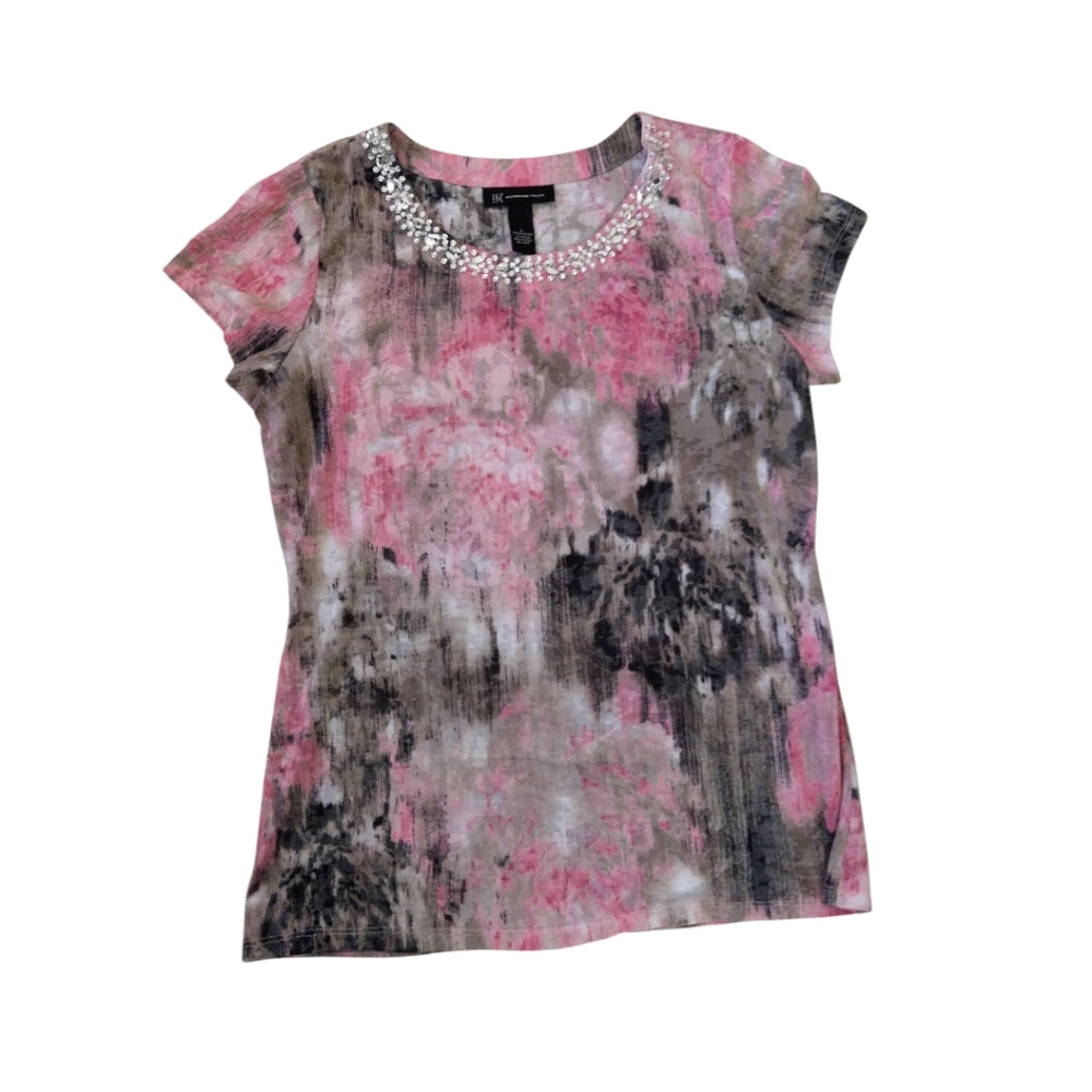 INC International Concepts Pink and Gray Graphic Cap Sleeve Tee
